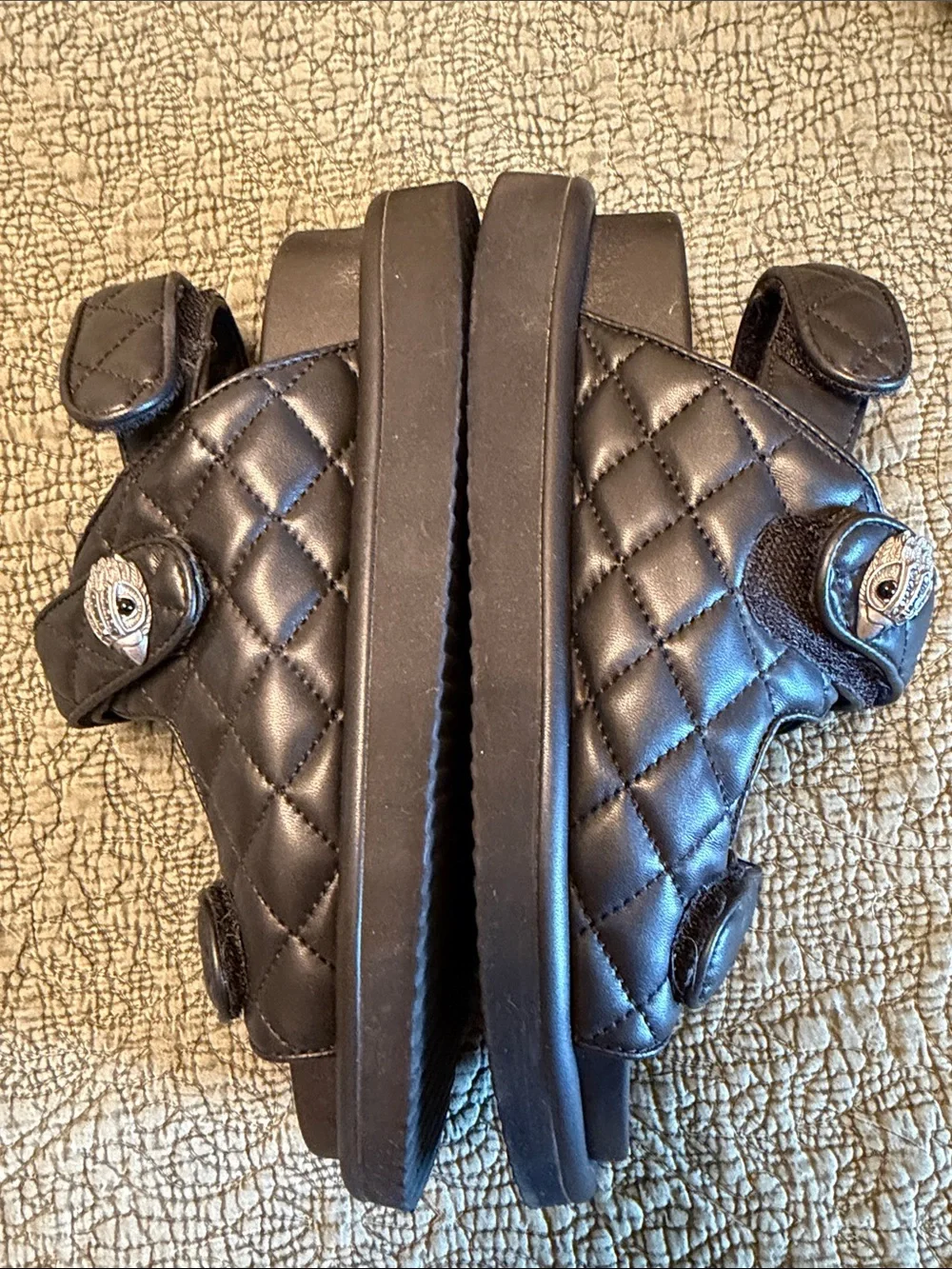 Kurt Geiger Black Quilted Leather Sandals with Silver Button Accent